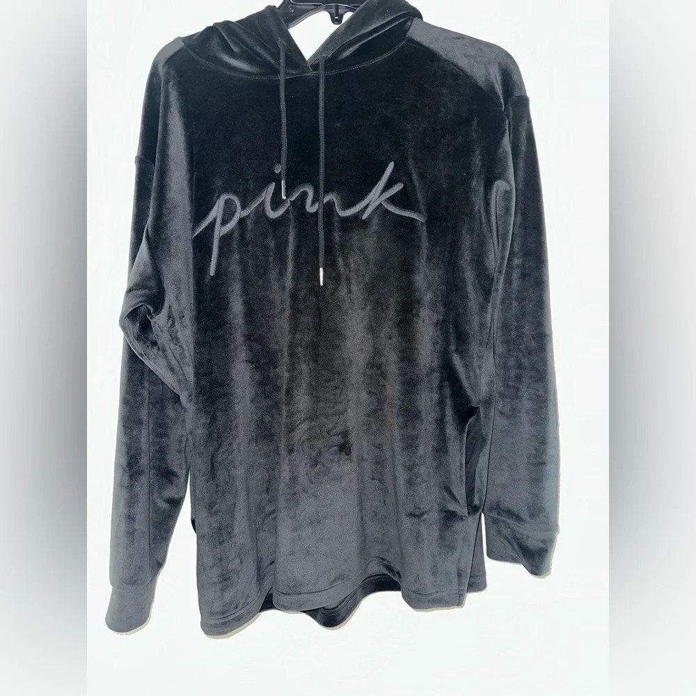 PINK VICTORIA'S SECRET Black VELOUR STRETCH PULLOVER HOODIE SZ Medium NWOT